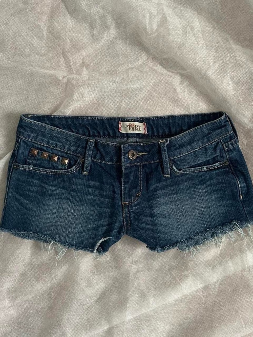 Y2K Ultra Low Rise Dark Wash Denim Cutoff Shorts with Stud Detail